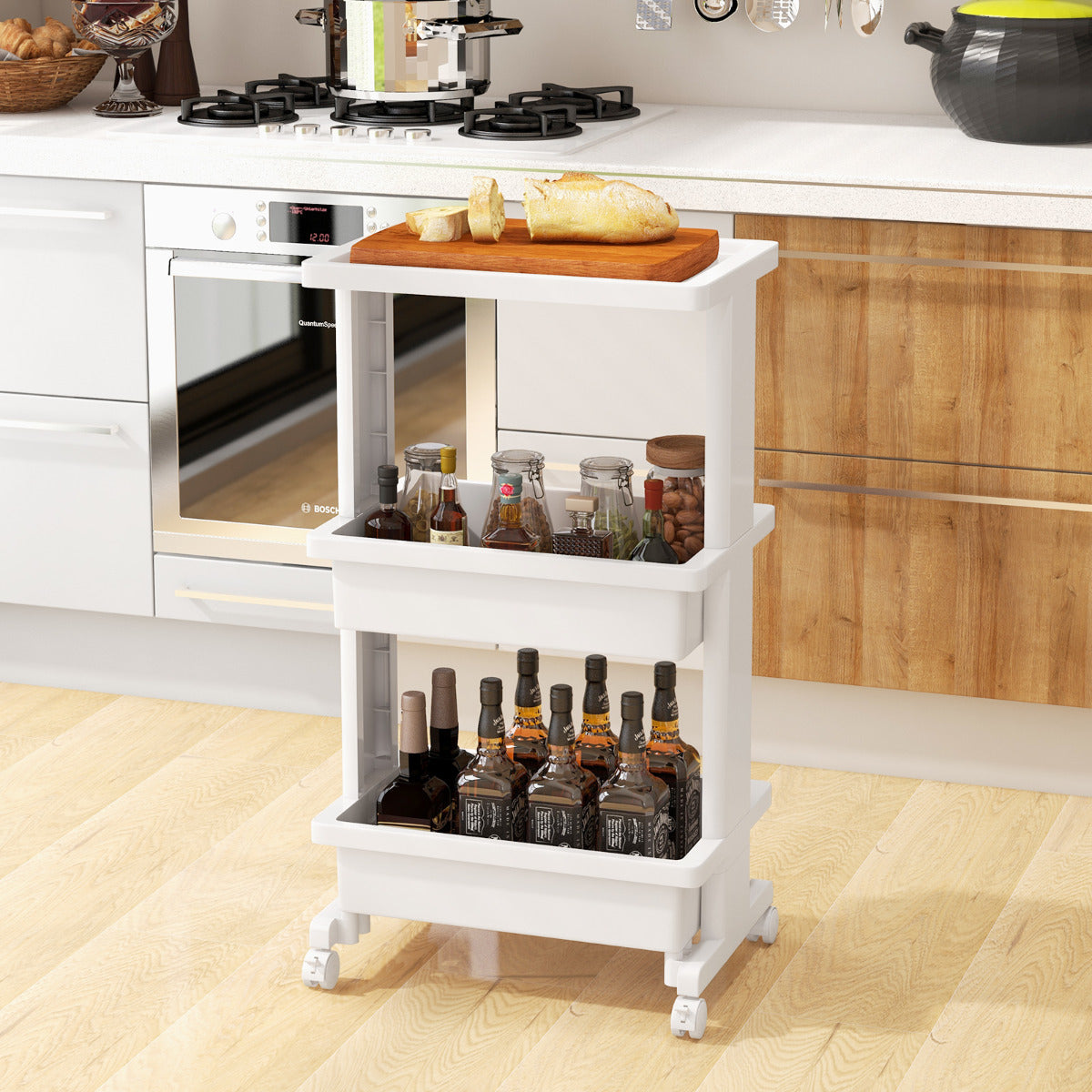 Carro Rodante de 3 Niveles con Mesa Utilitario de Plástico Ruedas Carro de Almacenamiento para Cocina Baño Oficina 45 x 30 x 81 cm Blanco