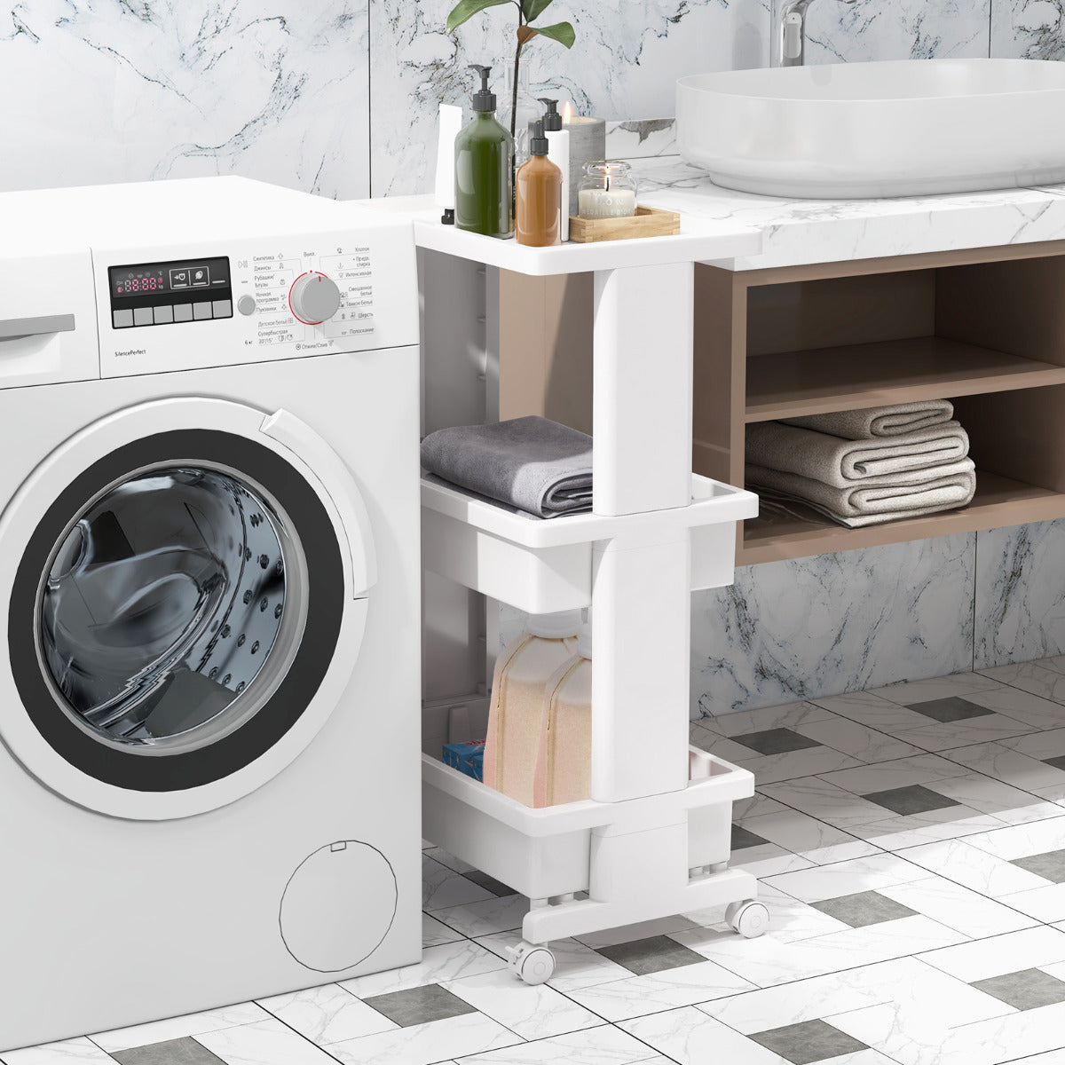 Carro Rodante de 3 Niveles con Mesa Utilitario de Plástico Ruedas Carro de Almacenamiento para Cocina Baño Oficina 45 x 30 x 81 cm Blanco