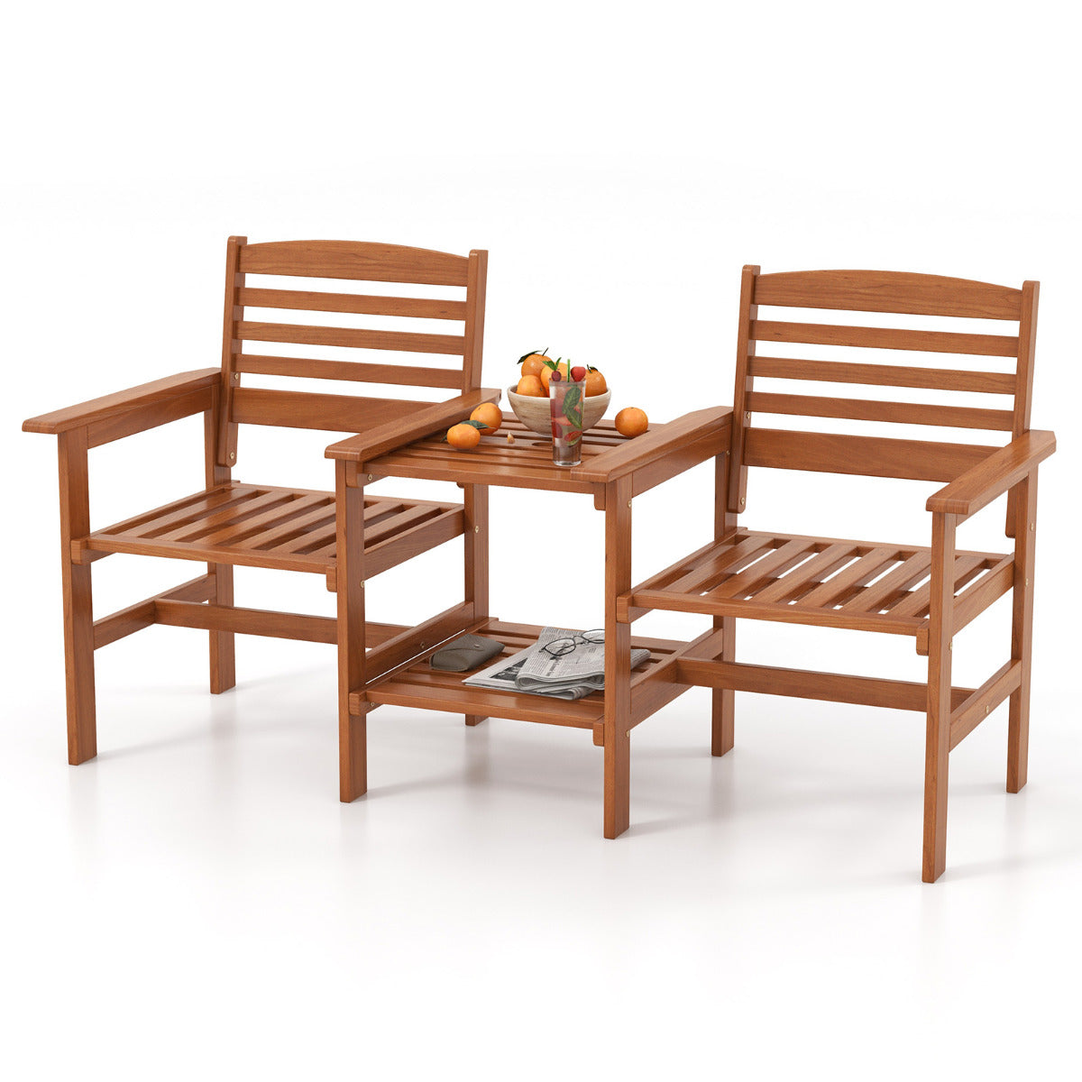 Sofá de 2 Plazas para Patio con Mesa de Centro de Madera Juego de Muebles con Orificio para Sombrilla para Jardín Piscina Balcón Terraza