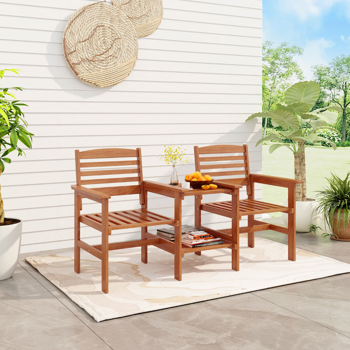 Sofá de 2 Plazas para Patio con Mesa de Centro de Madera Juego de Muebles con Orificio para Sombrilla para Jardín Piscina Balcón Terraza