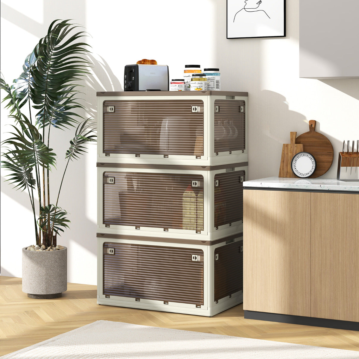 Juego de 3 Contenedores Plegables Apilables con Tapas 292,5L con Ruedas y 5 Puertas Cajas para Organización de Oficina Casa Camping Blanco