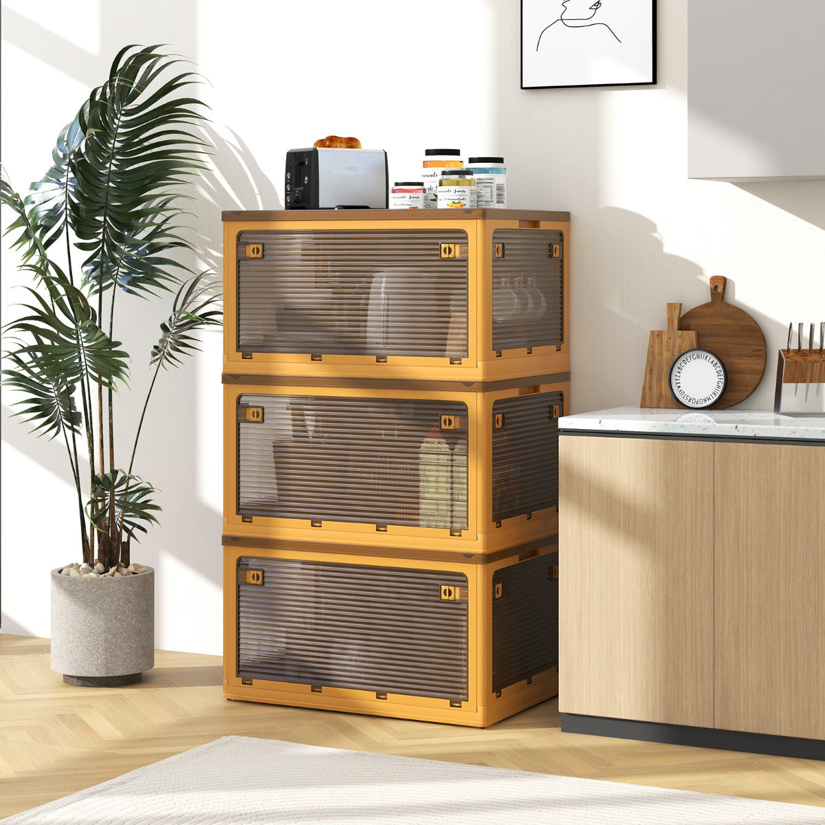Juego de 3 Contenedores Plegables Apilables con Tapas 292,5L con Ruedas y 5 Puertas Cajas para Organización de Oficina Casa Camping Amarillo