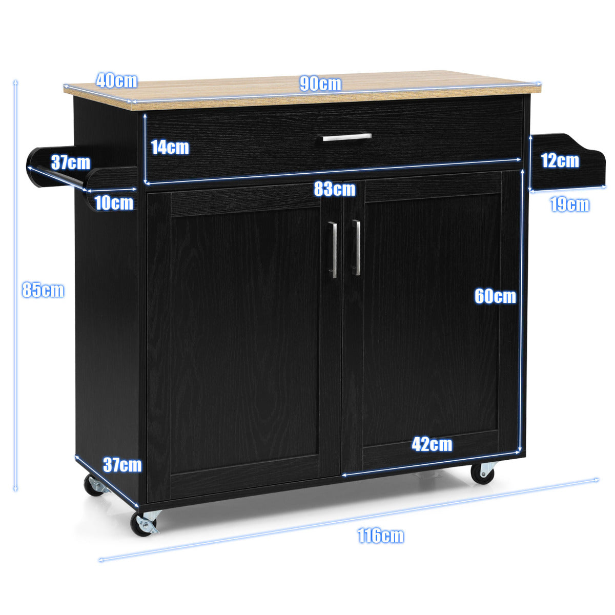 Carro de Cocina con Ruedas de Goma Armario Grande y Repisa Regulable en 3 Posiciones Negro 116 x 40 x 85 cm
