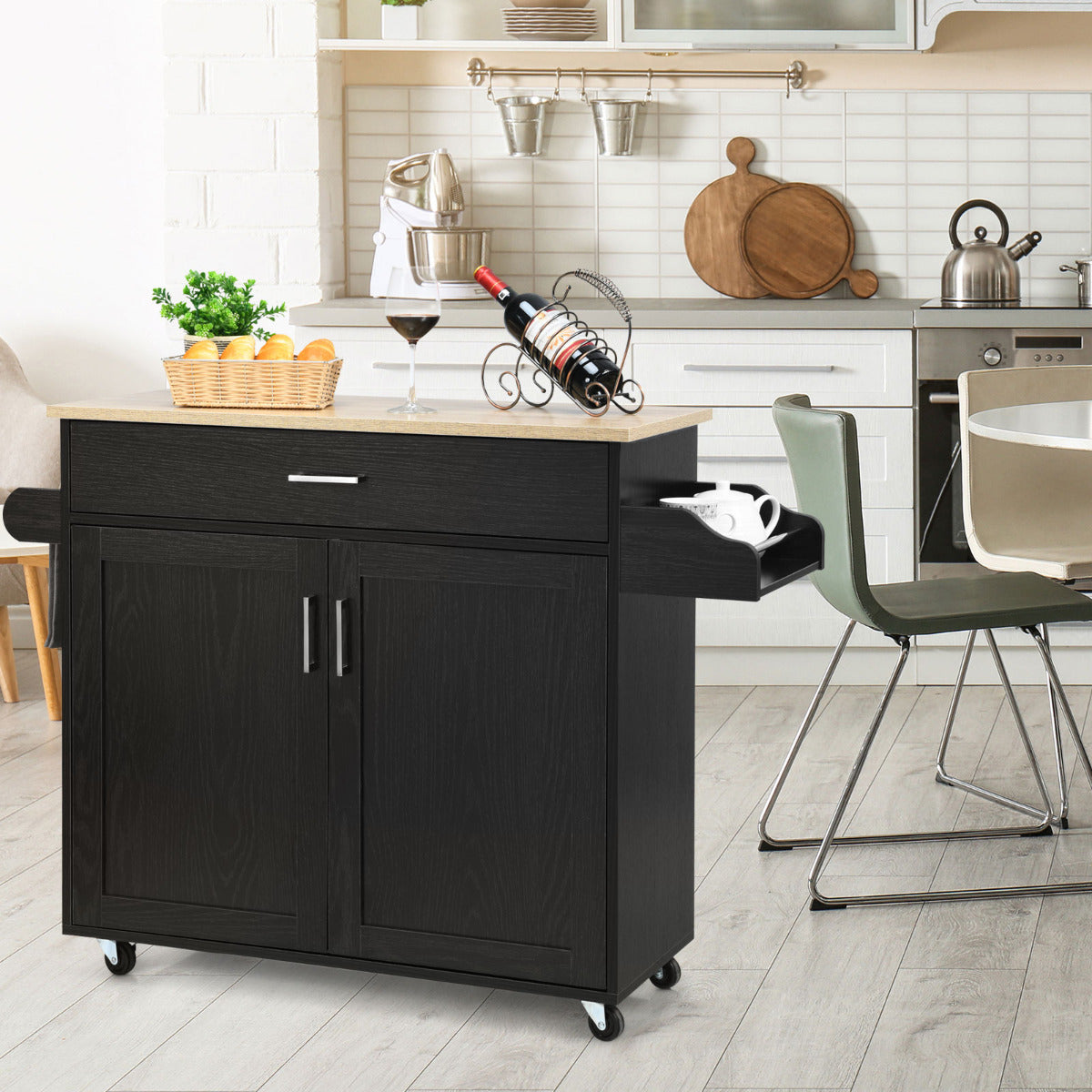 Carro de Cocina con Ruedas de Goma Armario Grande y Repisa Regulable en 3 Posiciones Negro 116 x 40 x 85 cm