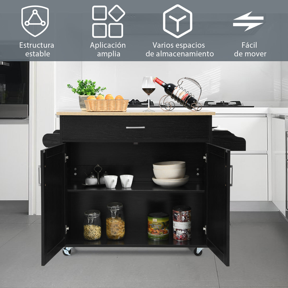 Carro de Cocina con Ruedas de Goma Armario Grande y Repisa Regulable en 3 Posiciones Negro 116 x 40 x 85 cm