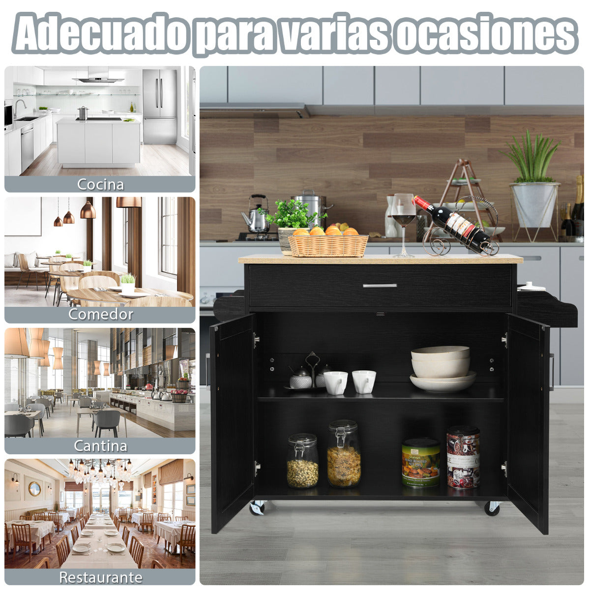 Carro de Cocina con Ruedas de Goma Armario Grande y Repisa Regulable en 3 Posiciones Negro 116 x 40 x 85 cm