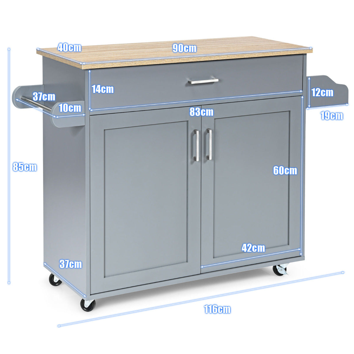 Carro de Cocina con Ruedas de Goma Armario Grande y Repisa Regulable en 3 Posiciones Gris 116 x 40 x 85 cm
