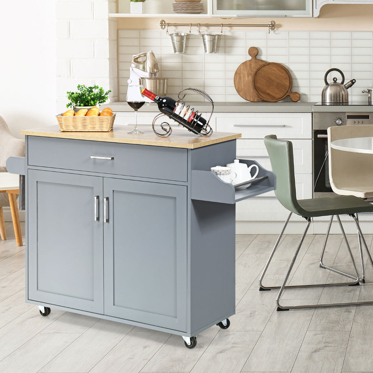 Carro de Cocina con Ruedas de Goma Armario Grande y Repisa Regulable en 3 Posiciones Gris 116 x 40 x 85 cm