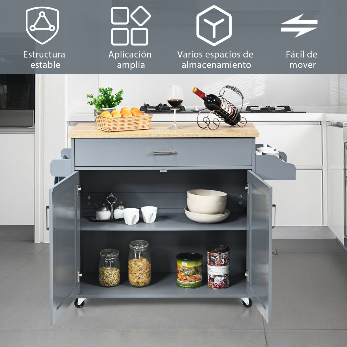 Carro de Cocina con Ruedas de Goma Armario Grande y Repisa Regulable en 3 Posiciones Gris 116 x 40 x 85 cm
