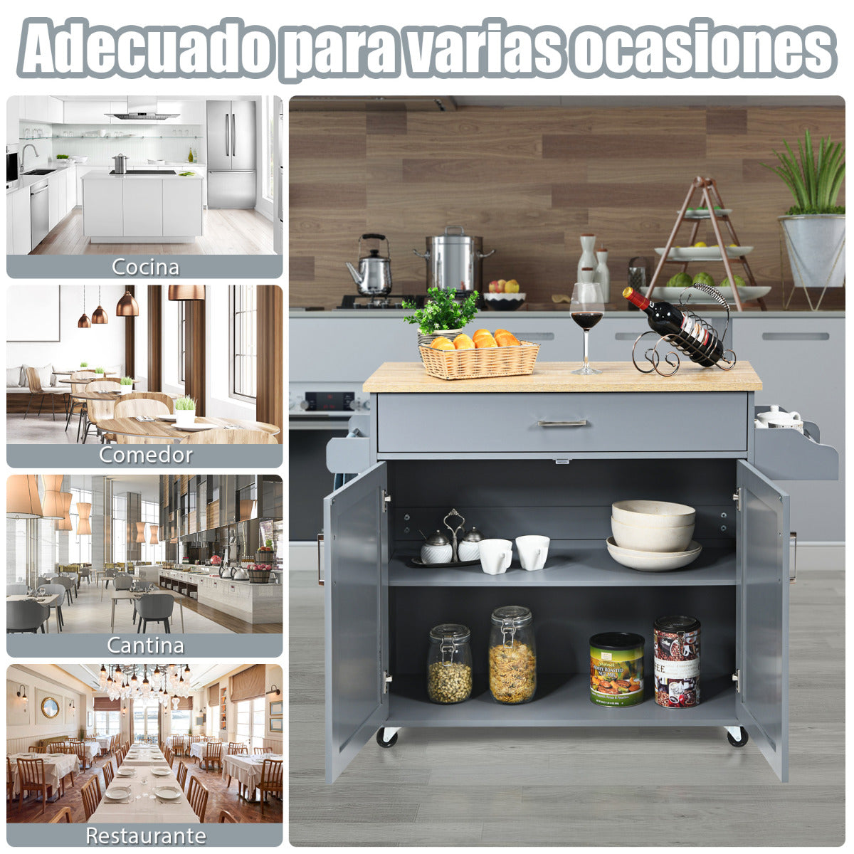 Carro de Cocina con Ruedas de Goma Armario Grande y Repisa Regulable en 3 Posiciones Gris 116 x 40 x 85 cm