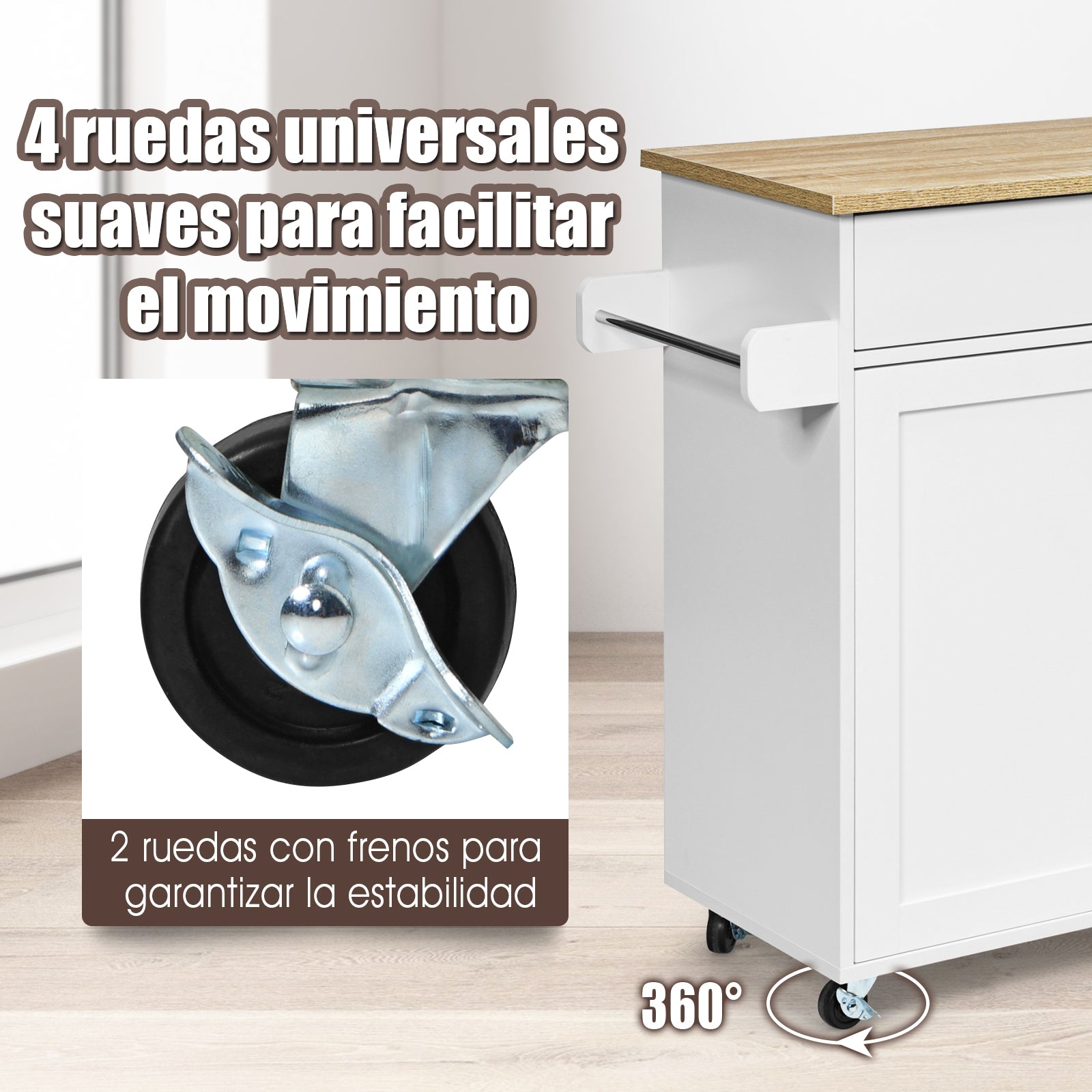 Carro de Cocina con Ruedas de Goma Armario Grande y Repisa Regulable en 3 Posiciones Blanco 116 x 40 x 85 cm