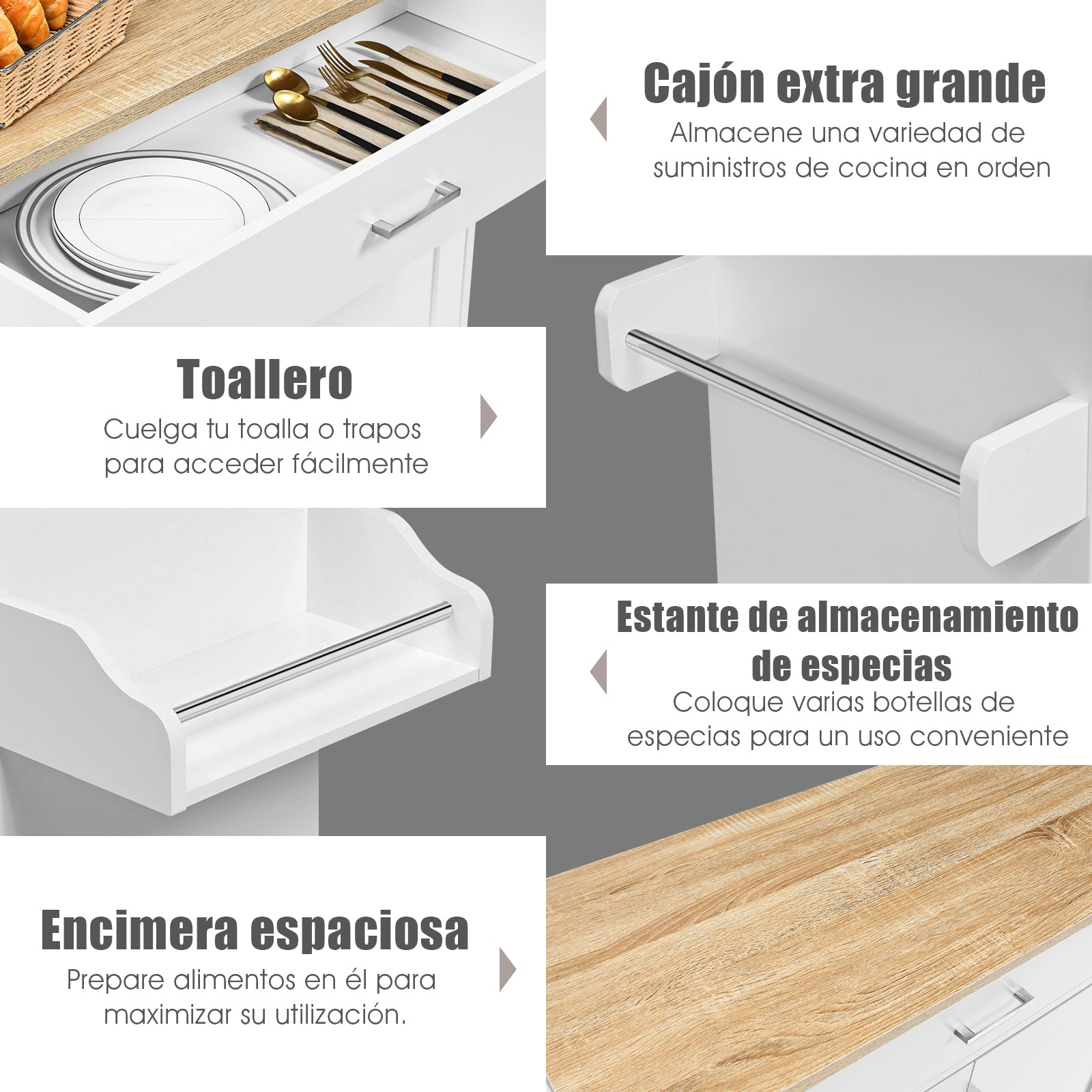 Carro de Cocina con Ruedas de Goma Armario Grande y Repisa Regulable en 3 Posiciones Blanco 116 x 40 x 85 cm