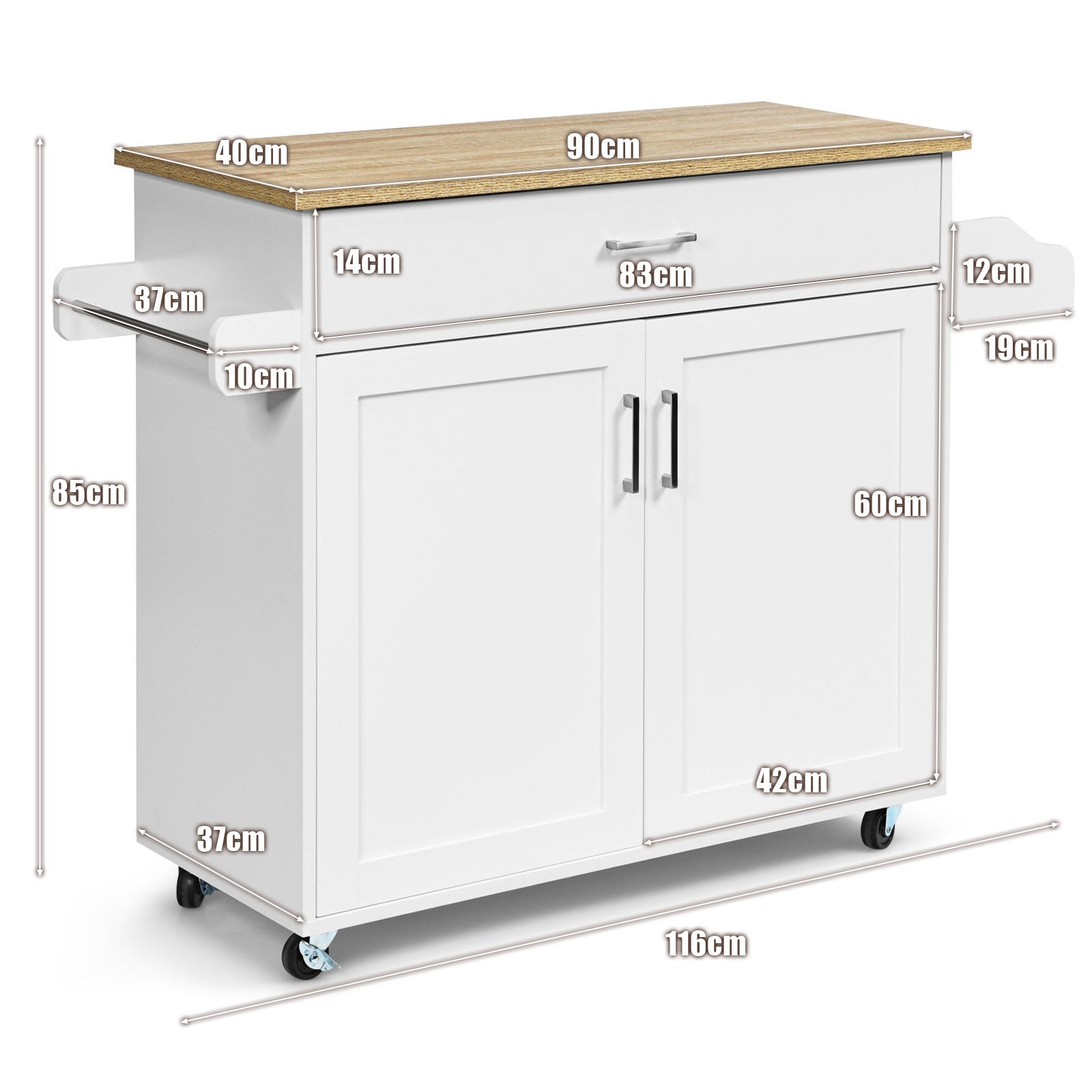 Carro de Cocina con Ruedas de Goma Armario Grande y Repisa Regulable en 3 Posiciones Blanco 116 x 40 x 85 cm