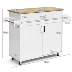 Carro de Cocina con Ruedas de Goma Armario Grande y Repisa Regulable en 3 Posiciones Blanco 116 x 40 x 85 cm
