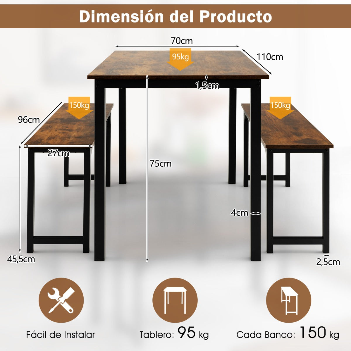 Juego de Mesa de Comedor de 3 Piezas con Marco de Metal Mesa de Comedor y 2 Bancos para 2-4 Personas Muebles de Mesa para Cocina Marrón