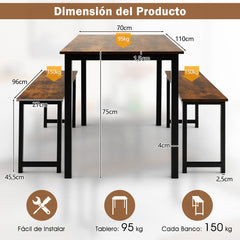 Juego de Mesa de Comedor de 3 Piezas con Marco de Metal Mesa de Comedor y 2 Bancos para 2-4 Personas Muebles de Mesa para Cocina Marrón
