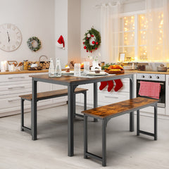 Juego de Mesa de Comedor de 3 Piezas con Marco de Metal Mesa de Comedor y 2 Bancos para 2-4 Personas Muebles de Mesa para Cocina Marrón