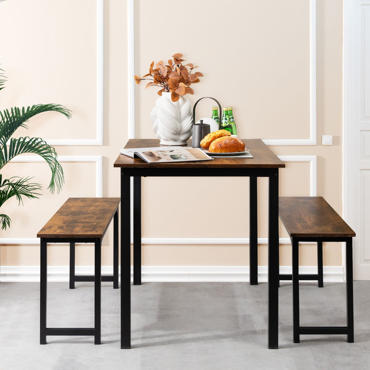 Juego de Mesa de Comedor de 3 Piezas con Marco de Metal Mesa de Comedor y 2 Bancos para 2-4 Personas Muebles de Mesa para Cocina Marrón