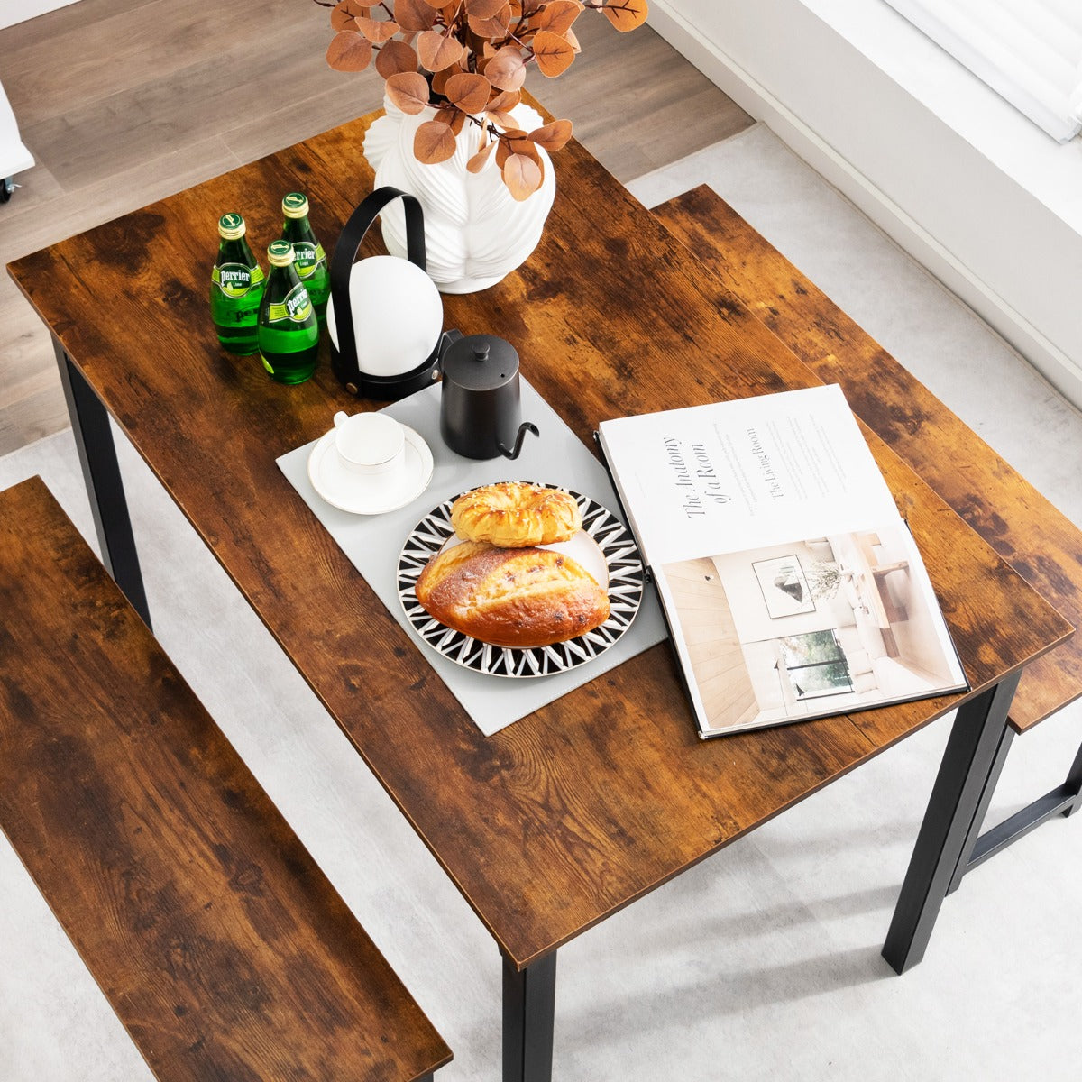 Juego de Mesa de Comedor de 3 Piezas con Marco de Metal Mesa de Comedor y 2 Bancos para 2-4 Personas Muebles de Mesa para Cocina Marrón