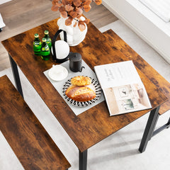 Juego de Mesa de Comedor de 3 Piezas con Marco de Metal Mesa de Comedor y 2 Bancos para 2-4 Personas Muebles de Mesa para Cocina Marrón