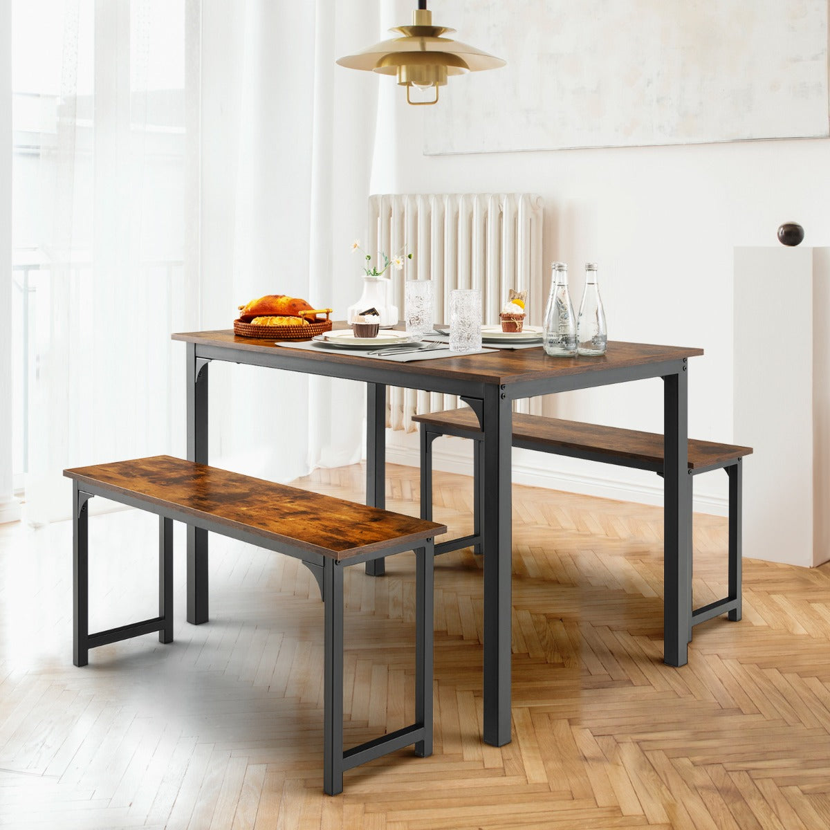 Juego de Mesa de Comedor de 3 Piezas con Marco de Metal Mesa de Comedor y 2 Bancos para 2-4 Personas Muebles de Mesa para Cocina Marrón