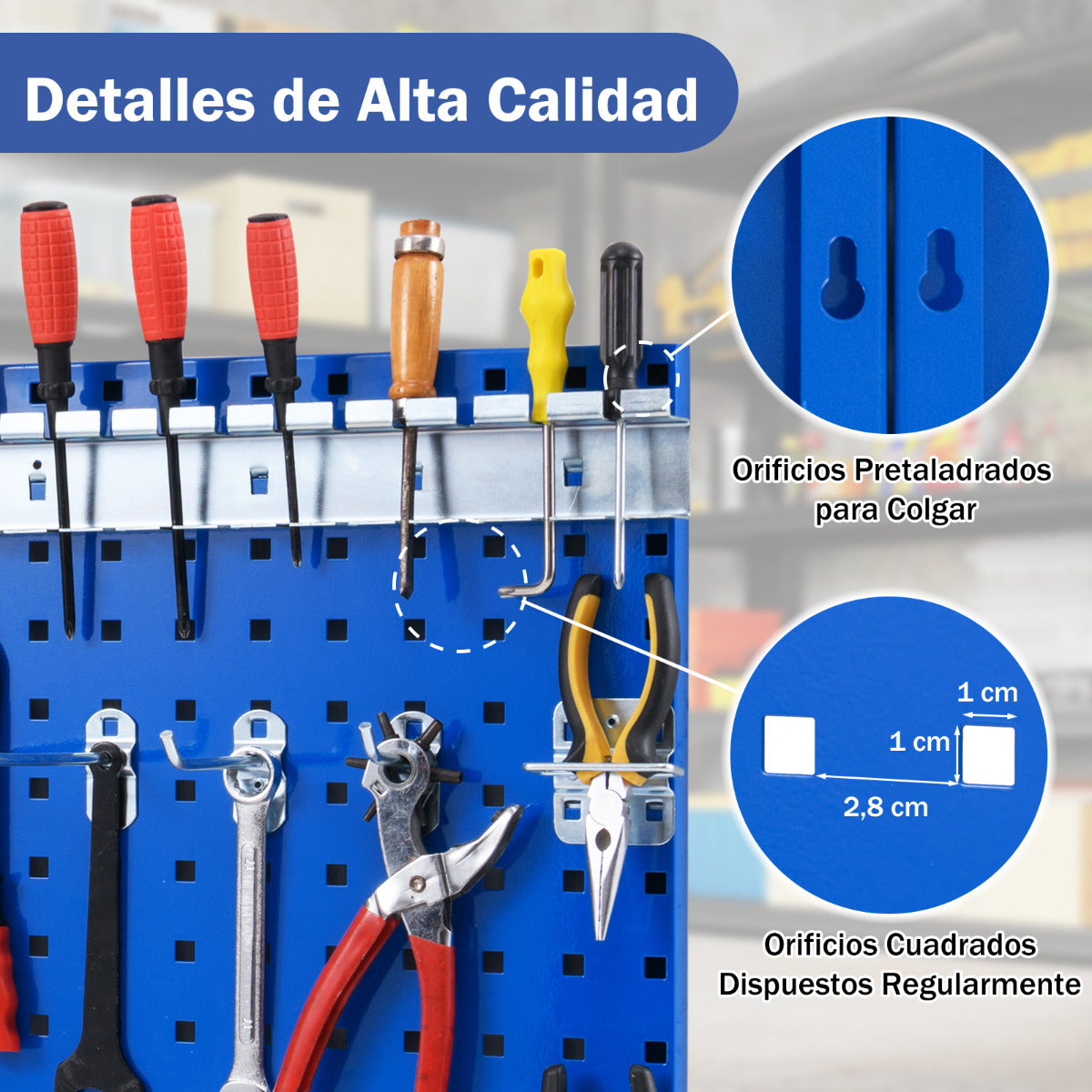 Kit de Tablero Perforado Montado en Pared Kit de Organización de Herramientas con 3 Tableros y 28 Accesorios para Garaje Taller Azul