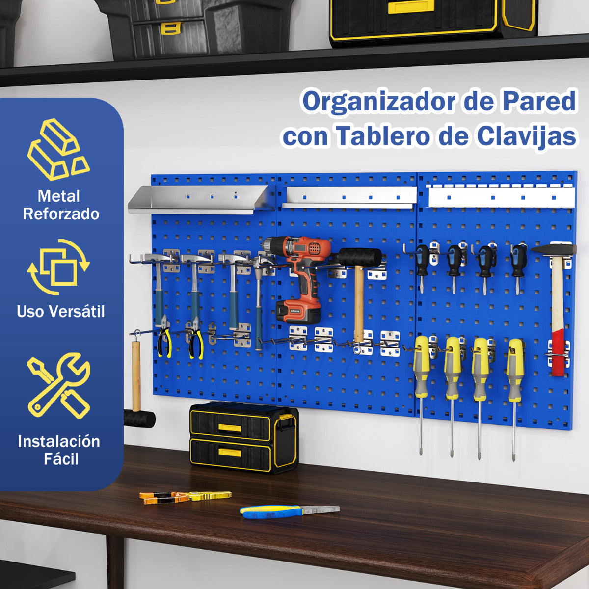Kit de Tablero Perforado Montado en Pared Kit de Organización de Herramientas con 3 Tableros y 28 Accesorios para Garaje Taller Azul