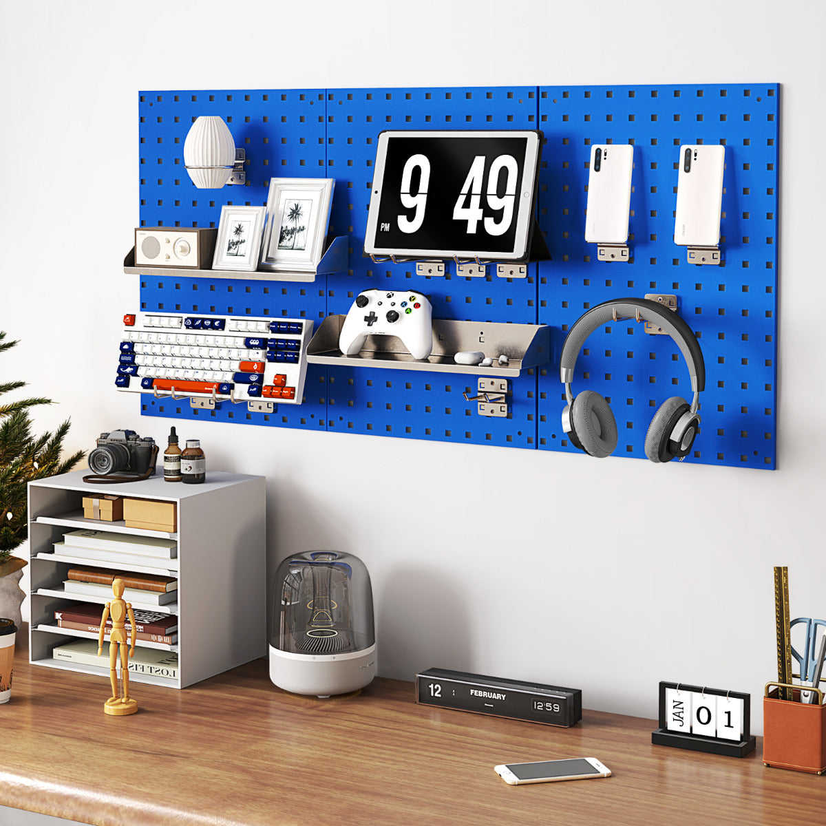 Kit de Tablero Perforado Montado en Pared Kit de Organización de Herramientas con 3 Tableros y 28 Accesorios para Garaje Taller Azul