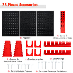 Kit Organizador de Herramientas para Pared con 3 Paneles Perforados 25 Accesorios para Colgar Portaherramientas para Garaje Taller Almacén