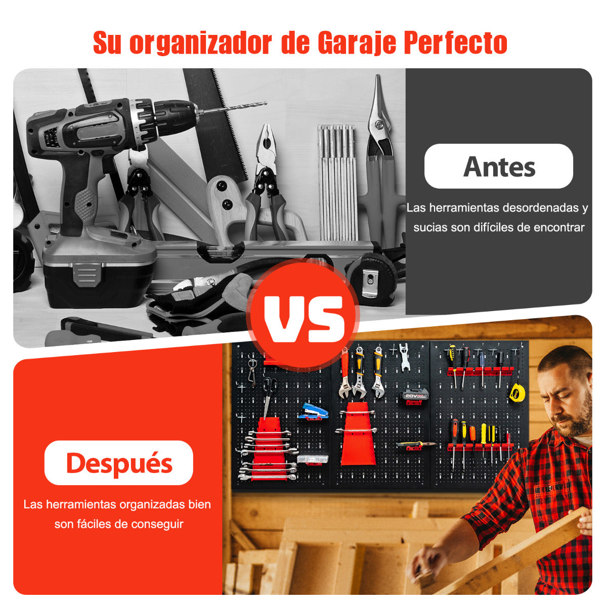 Kit Organizador de Herramientas para Pared con 3 Paneles Perforados 25 Accesorios para Colgar Portaherramientas para Garaje Taller Almacén