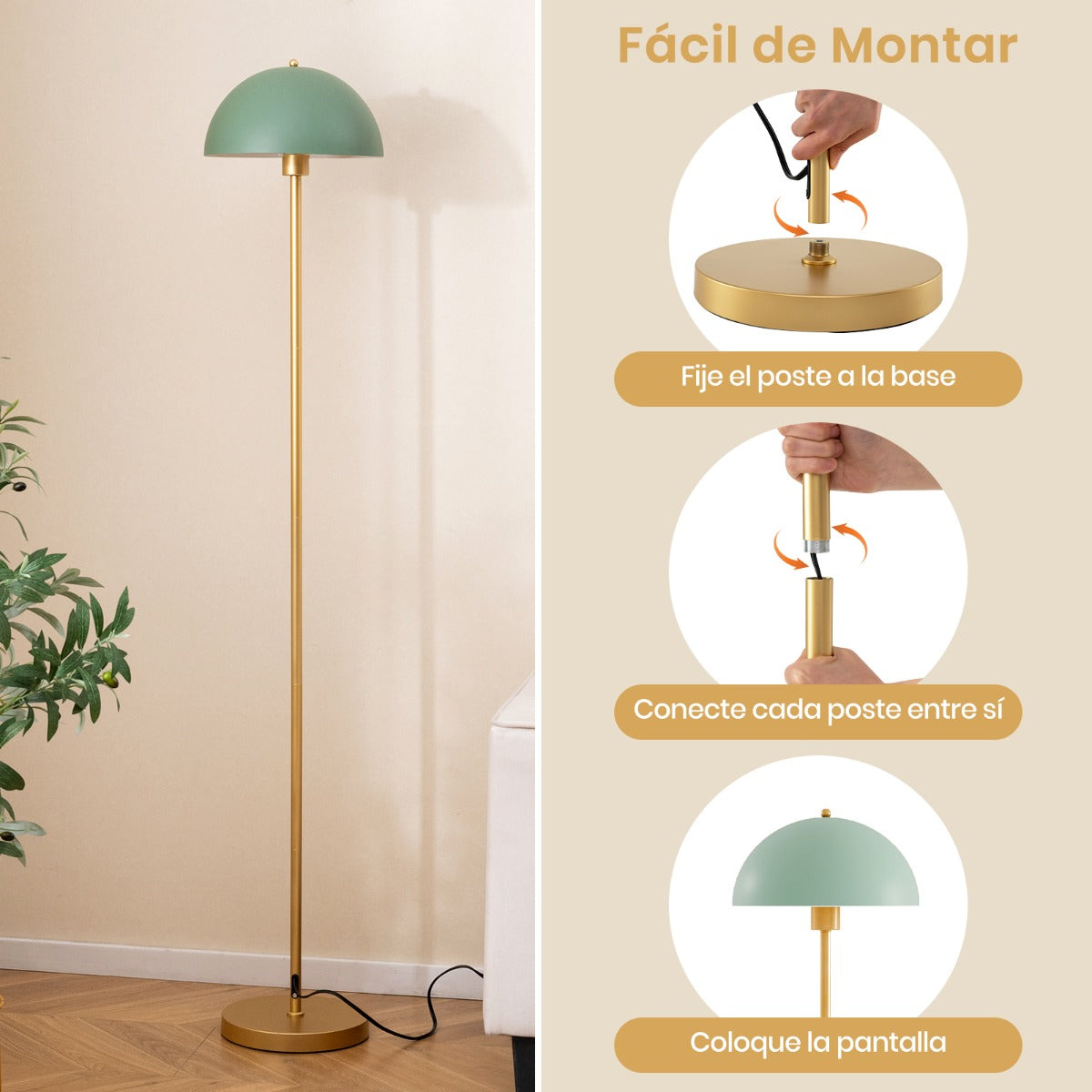 Lámpara de Pie de 163 cm con Cabezal Ajustable Pantalla Irrompible Base Antivuelco y Interruptor de Pie Dorado y Verde