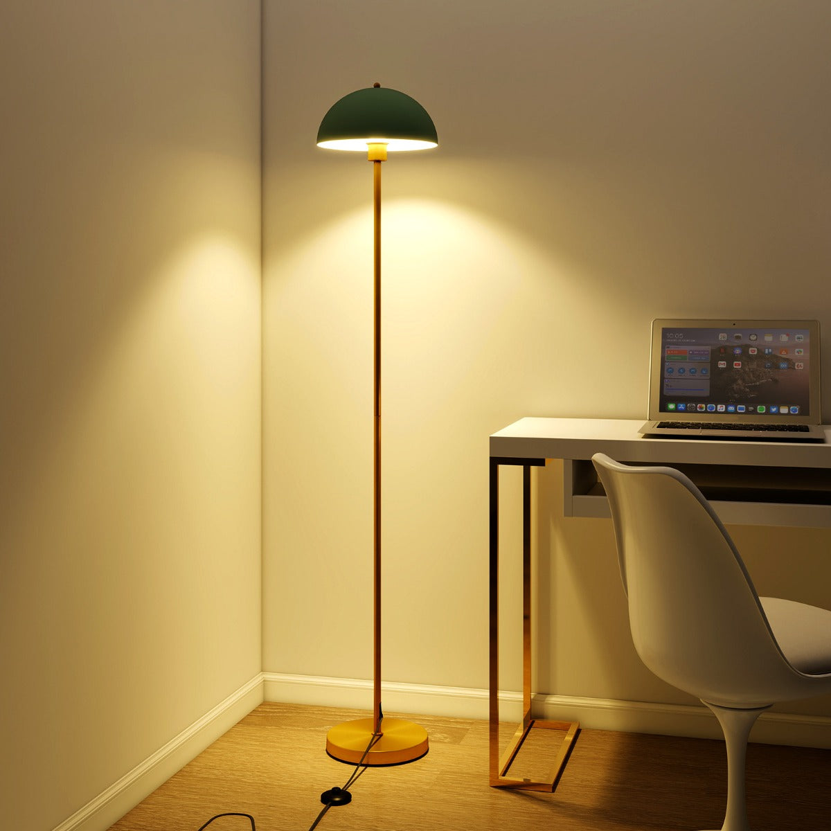 Lámpara de Pie de 163 cm con Cabezal Ajustable Pantalla Irrompible Base Antivuelco y Interruptor de Pie Dorado y Verde