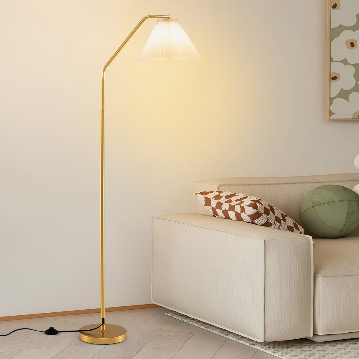 Lámpara de Pie en Arco de 168 cm Moderna con Cabezal Ajustable Pantalla Plisada y Interruptor de Pie Lámpara Alta para Dormitorio Salón