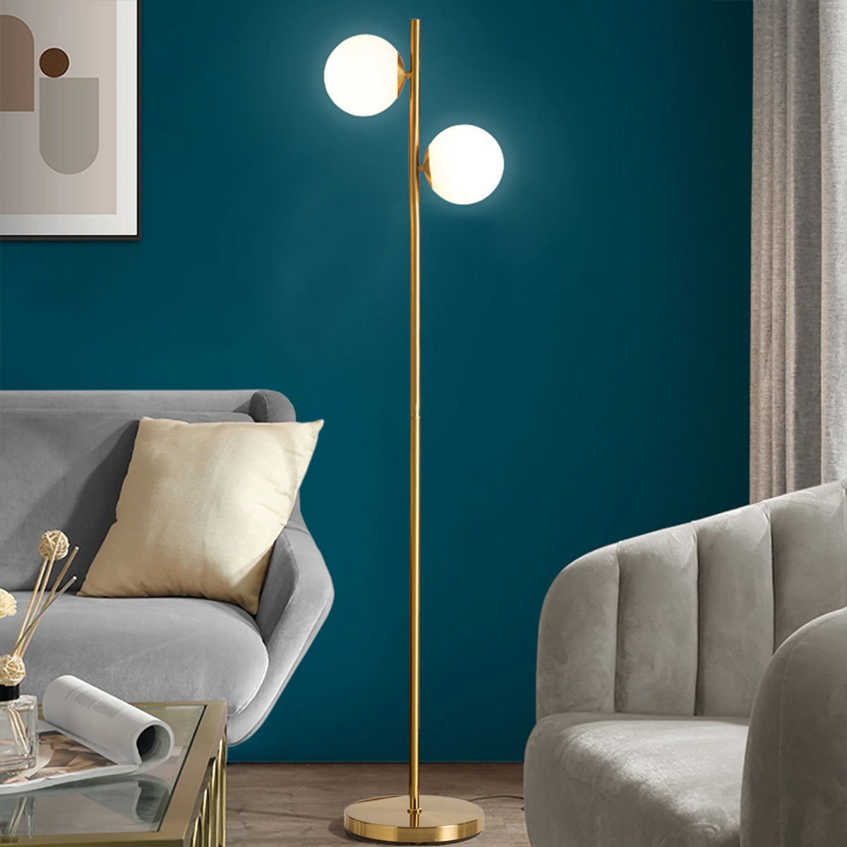 165 cm Lámpara de Pie de 12 w con Globo de Vidrio de 2 Cabezales 2 Bombillas y Interruptor para Sala de Estar Dormitorio y Oficina Dorado
