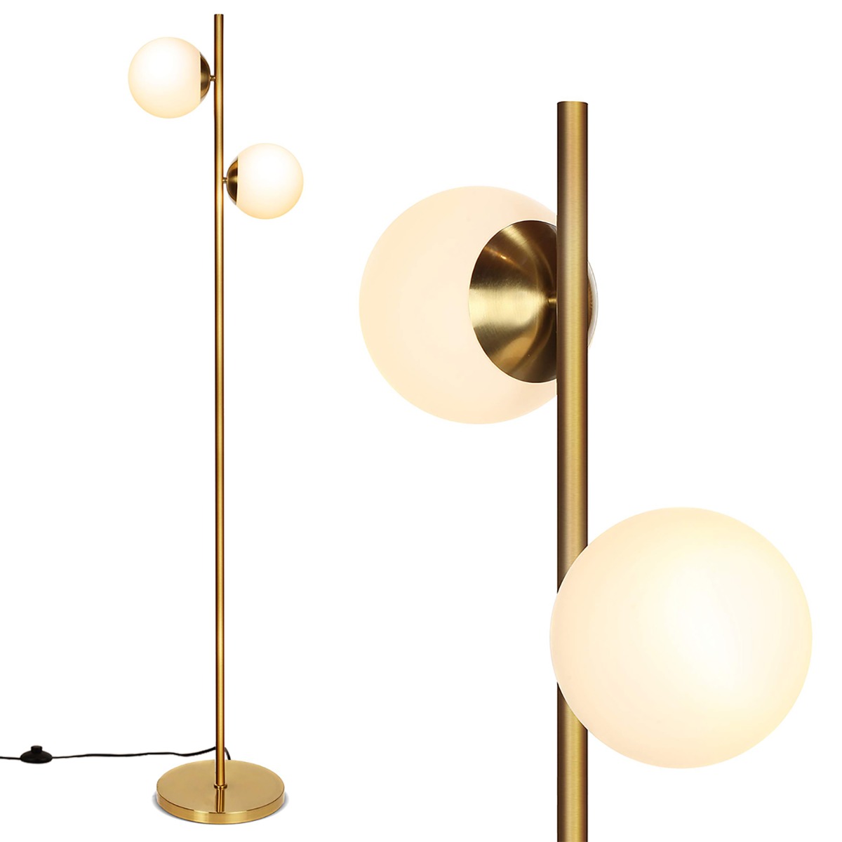 165 cm Lámpara de Pie de 12 w con Globo de Vidrio de 2 Cabezales 2 Bombillas y Interruptor para Sala de Estar Dormitorio y Oficina Dorado