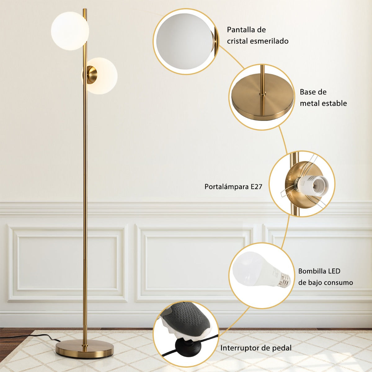 165 cm Lámpara de Pie de 12 w con Globo de Vidrio de 2 Cabezales 2 Bombillas y Interruptor para Sala de Estar Dormitorio y Oficina Dorado