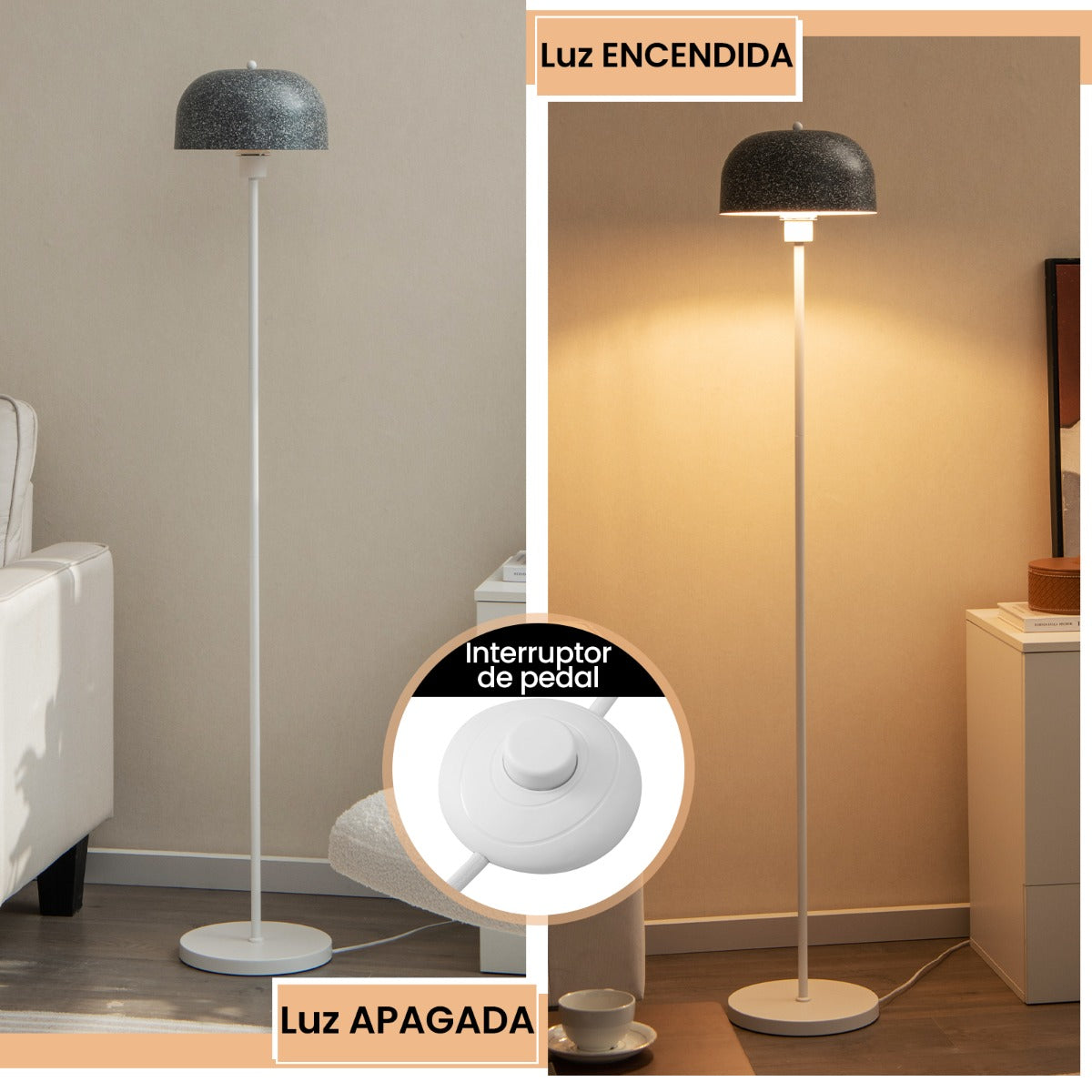 146cm Lámpara de Pie de Metal para Bombilla E27 Máx 60W con Pantalla y Interruptor de Pie Gris y Blanco