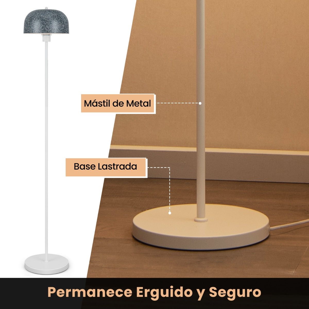 146cm Lámpara de Pie de Metal para Bombilla E27 Máx 60W con Pantalla y Interruptor de Pie Gris y Blanco