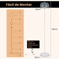 146cm Lámpara de Pie de Metal para Bombilla E27 Máx 60W con Pantalla y Interruptor de Pie Gris y Blanco
