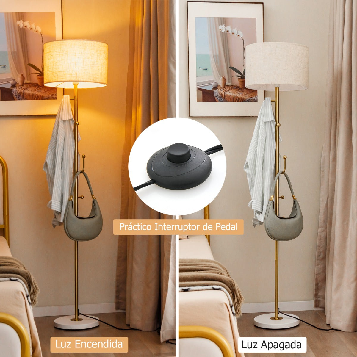 Lámpara de Pie 166,5 cm con Perchero Interruptor 5 Ganchos y Base Lámpara de Suelo Decoración para Sala de Estar y Dormitorio Dorado