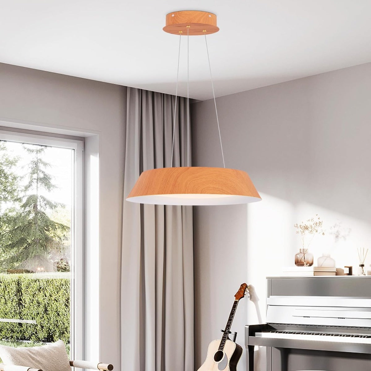 21 W Lámpara de Techo con Veta de Madera Montaje LED Marco de Metal Lámpara Colgante para Dormitorio Cocina 40 x 40 x 145 cm Natural
