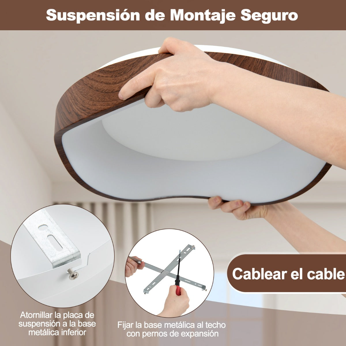 Lámpara de Techo de Montaje LED de 24 W con Patrón de Madera Marco de Metal Lámpara de Techo LED para Dormitorio Sala De Estar Natural