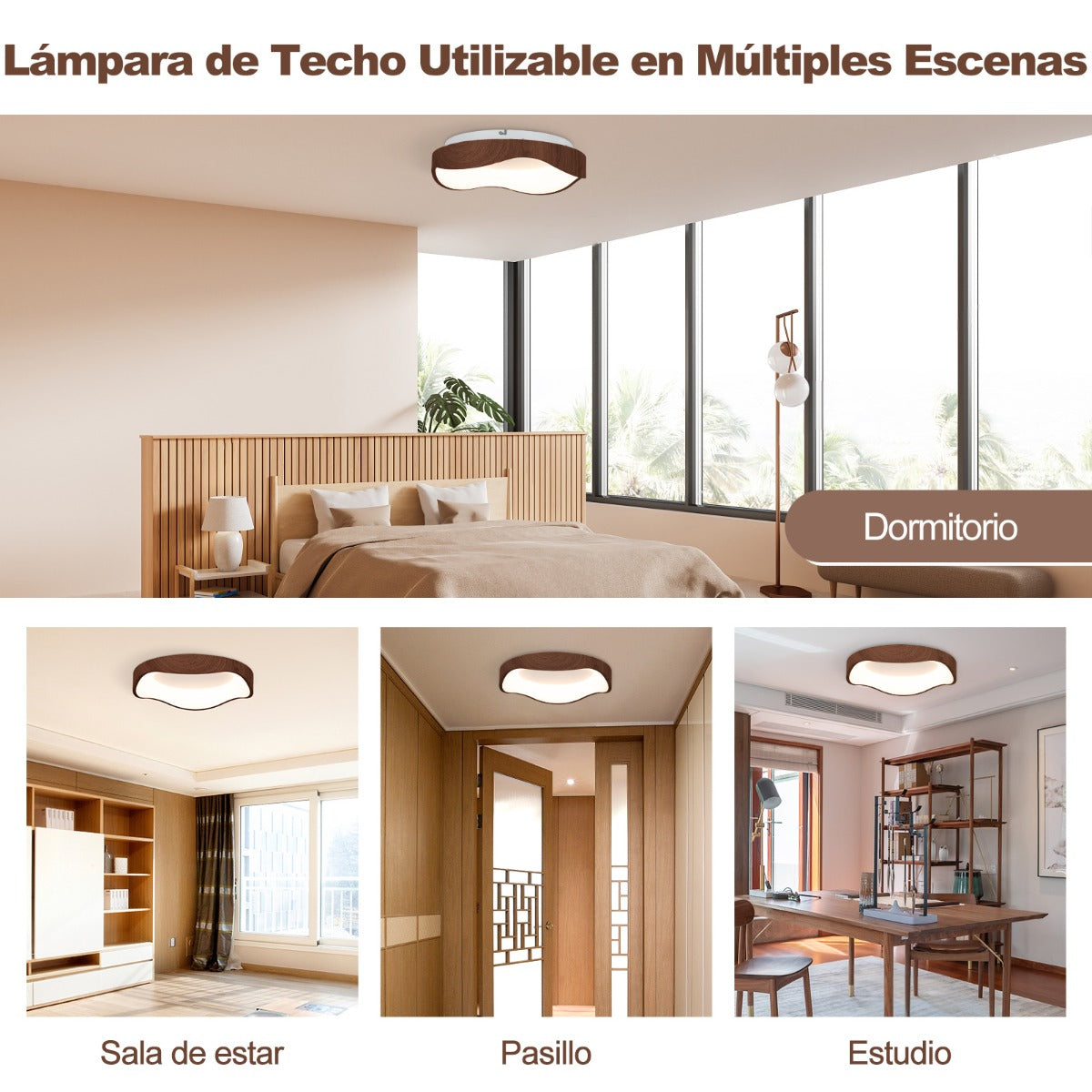 Lámpara de Techo de Montaje LED de 24 W con Patrón de Madera Marco de Metal Lámpara de Techo LED para Dormitorio Sala De Estar Natural
