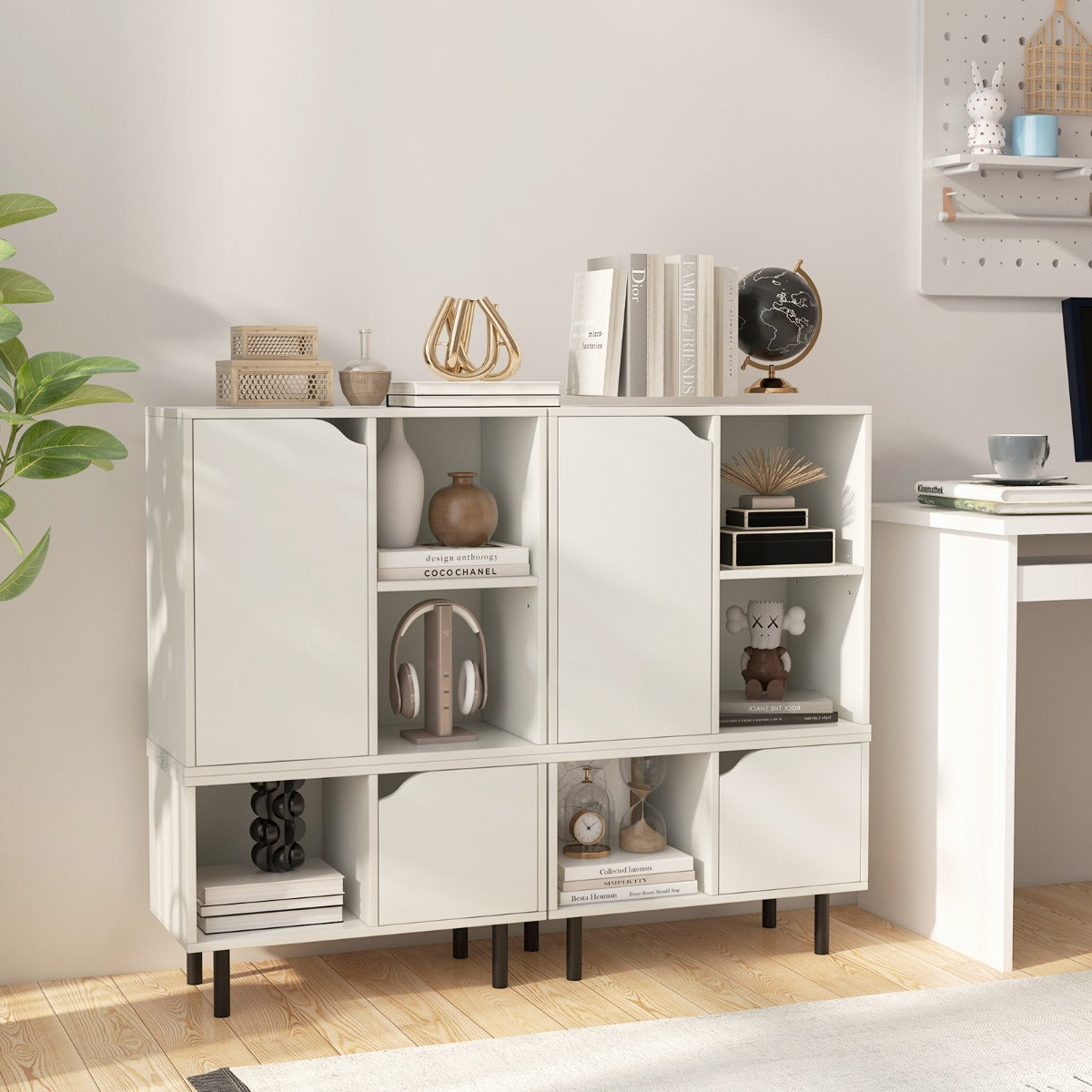 Librería Apilable Gabinete de Celosía Combinado Estantería Abierta con Estante Cubos Ajustables Pata de Metal para Sala de Estar Blanco