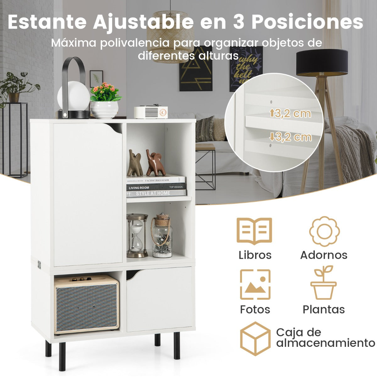 Librería Apilable Gabinete de Celosía Combinado Estantería Abierta con Estante Cubos Ajustables Pata de Metal para Sala de Estar Blanco