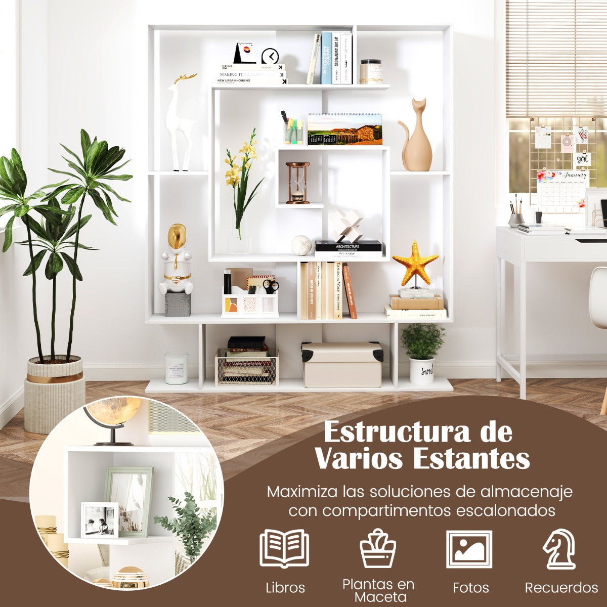 Estantería Geométrica Antivuelco Estante de Exhibición Abierto para Oficina en Casa 125 x 22 x 150 cm-Blanco