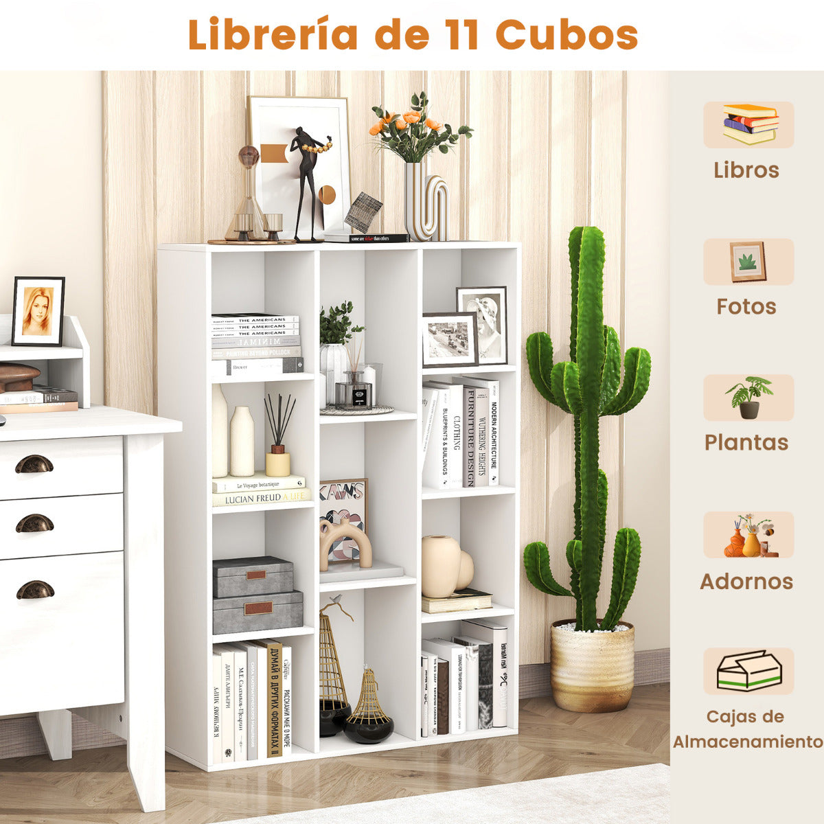 Librería de 11 Cubos Estantería Geométrica Moderna Vitrina Organizador de Libros para Salón Dormitorio Estudio 74 x 24 x 106 cm Blanco