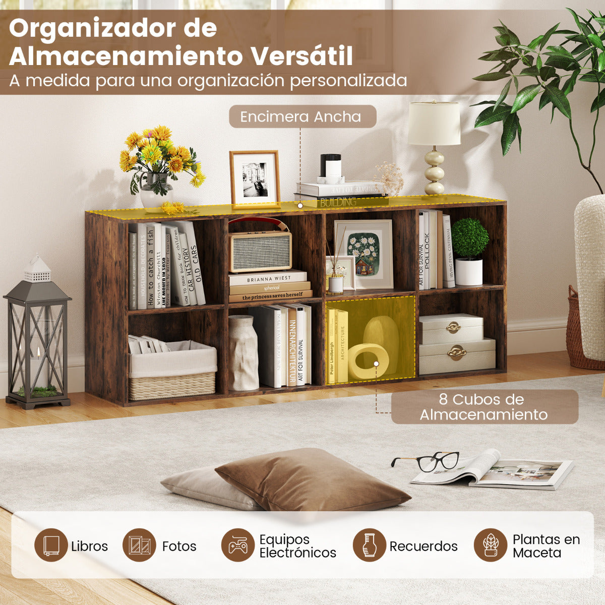 Librería de 8 Cubos Estantería con 2 Kits Antivuelco Organizador de Almacenamiento Unidad de Estante para Sala de Estar Estudio Marrón