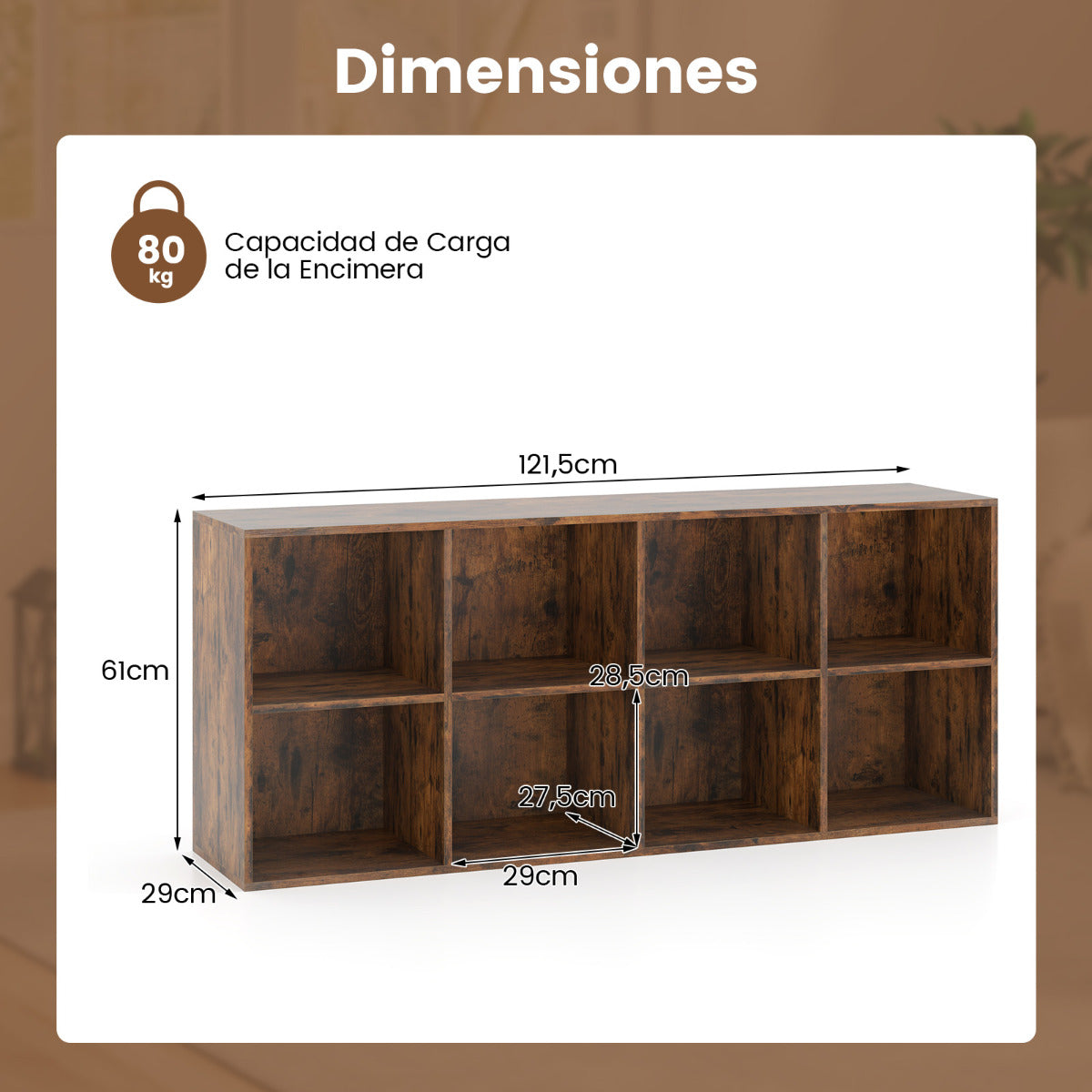 Librería de 8 Cubos Estantería con 2 Kits Antivuelco Organizador de Almacenamiento Unidad de Estante para Sala de Estar Estudio Marrón