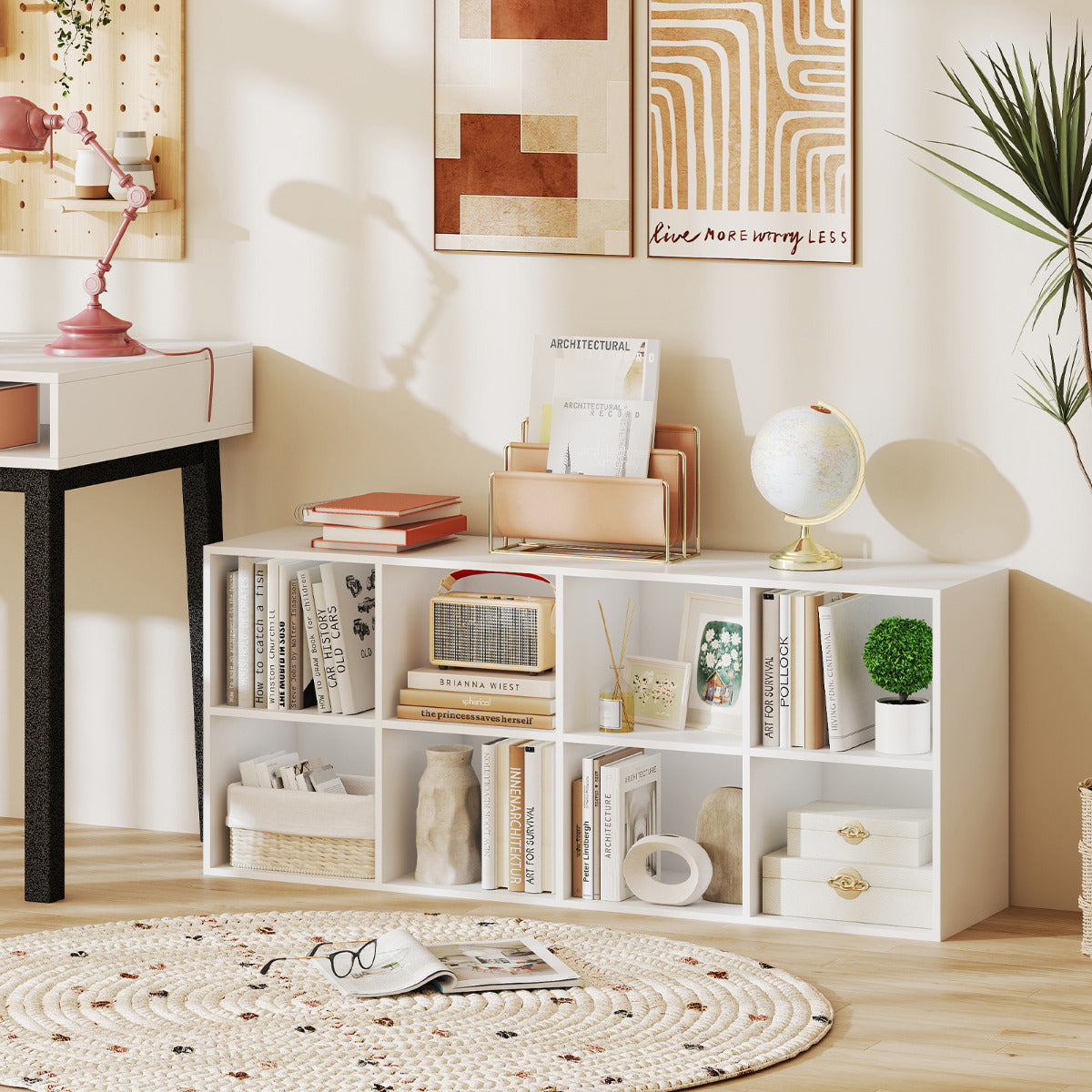 Librería de 8 Cubos Estantería con 2 Kits Antivuelco Organizador de Almacenamiento Unidad de Estante para Sala de Estar Estudio Blanco